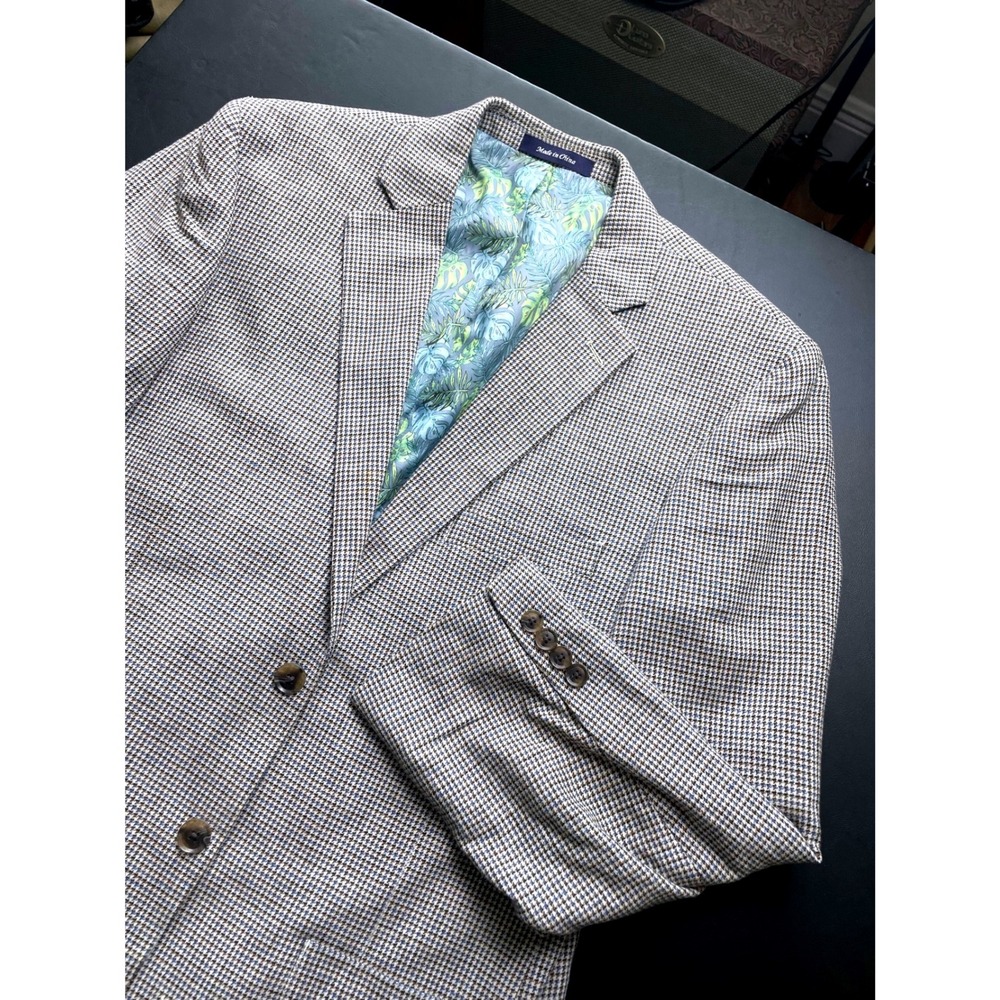 Alan Flusser Linen Blend Houndstooth 42S Gray Blue Houndstooth Blazer